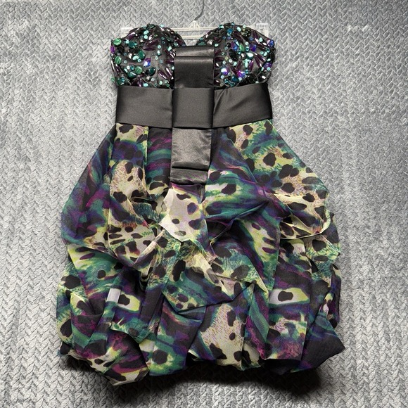 VTG Jovani Strapless Beaded Bubble Hem Cocktail Dress Junior 0 Multi-Color - Picture 1 of 13